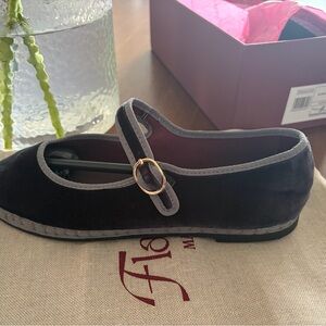 New Flabelus Black Dark Grey Velvet Mary Jane Flats Size 38
